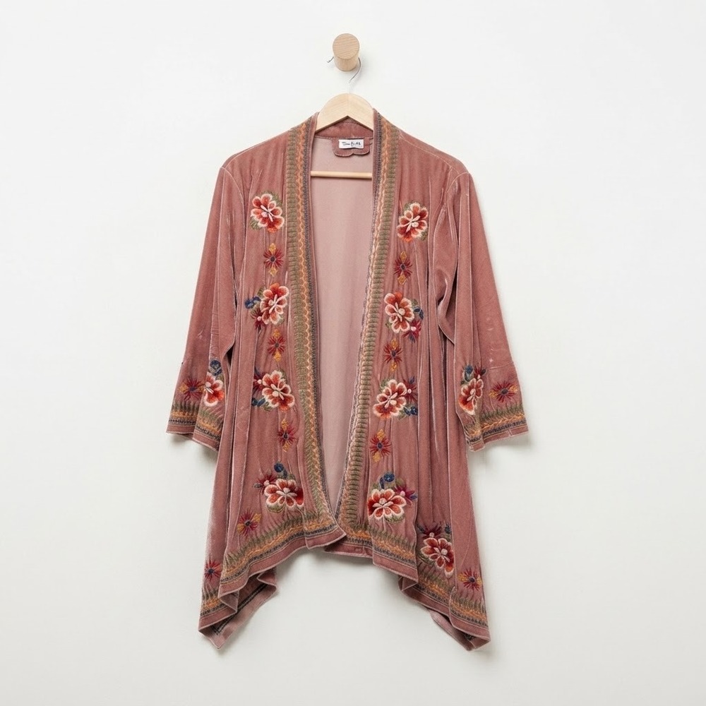 Time For Me Floral Embroidered Velvet Duster Jacket Boho Witchy 0XL Free Spirit